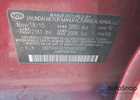 2016 Hyundai Elantra Se from USA, damaged, VIN 5NPDH4AE5GH698985